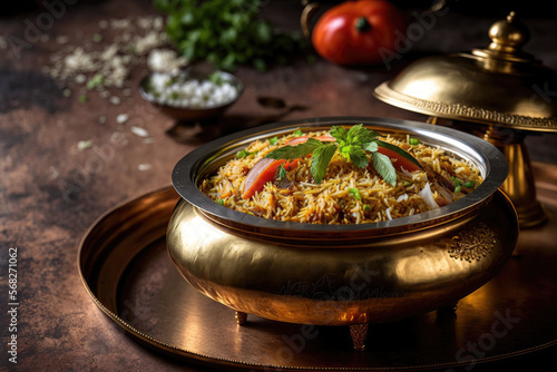 Veg biryani or veg pulav served in a round brass bowl, selective focus. Generative AI © AkuAku