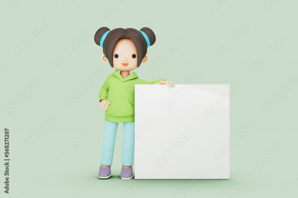 girl character stands next to a whiteboard 3d illustration girl character stands next to a whiteboard 3d illustration