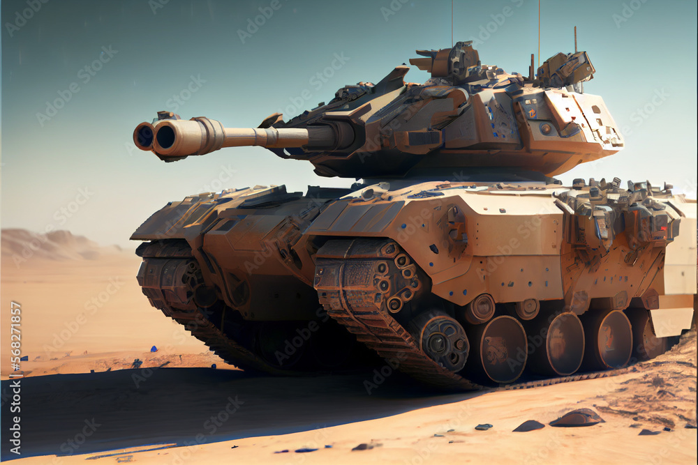 Modern combat tank on desert. Digital art style. Generative AI illustration
