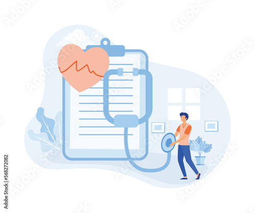 Heart disease screening and diagnostic illustration. Doctor checks blood pressure and examine cardiogram and pulse on EKG monitor. Healthcare and medicine concept. flat vector illustration