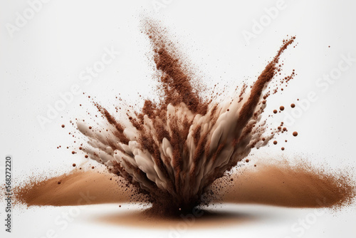Brown dust explosion frozen in motion over a white background. stopping the brown powder on the white background from moving. against a white background, brown explosive powder. eruption of dry earth