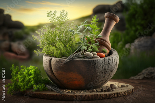 Fresh herbs from the garden in a wooden olive mortar with a background of a bright landscape Image. Generative AI