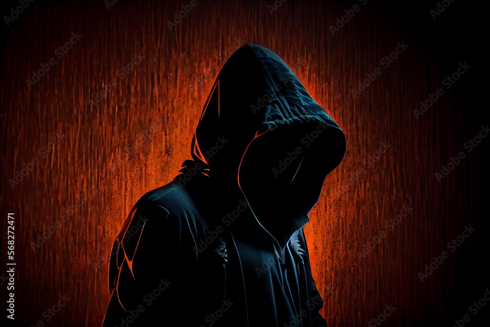 Ilustrace „Ghost hacker criminal scary hood anonymous creepy devil danger  silhouette shadow black face fear horror night character symbol identity  hooligan unknow happy halloween cyber copy space . Generative AI“ ze služby