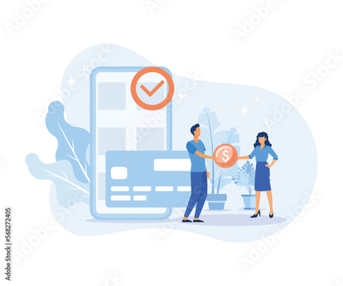 Financial illustration.  Characters paying online and receiving bonus money or reward back on credit card. Cashback, financial savings and money refund concept. flat vector illustration