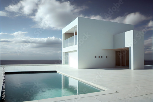 Beautiful residential villa with modern architecture, swimming pool and sea view. Generative AI illustration © ardanz