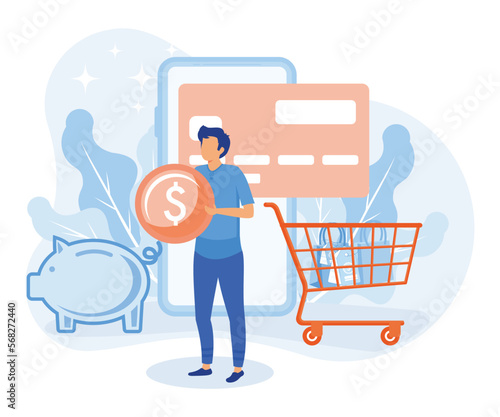 Financial illustration.  Characters paying online and receiving bonus money or reward back on credit card. Cashback, financial savings and money refund concept. flat vector illustration