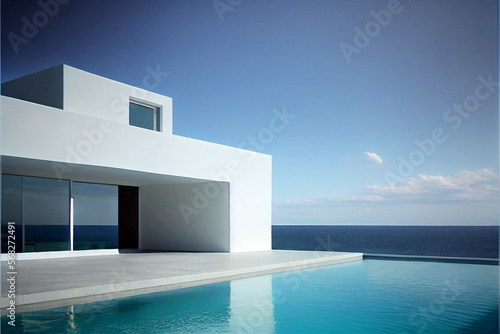 Beautiful and luxury residential villa with modern architecture, swimming pool and sea view. Generative AI illustration