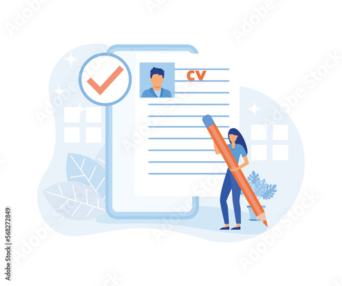 Hiring illustration. Hr managers flying on air balloon, searching job candidate and reading CV. Character applying for work position. Job recruitment process concept.flat vector illustration
