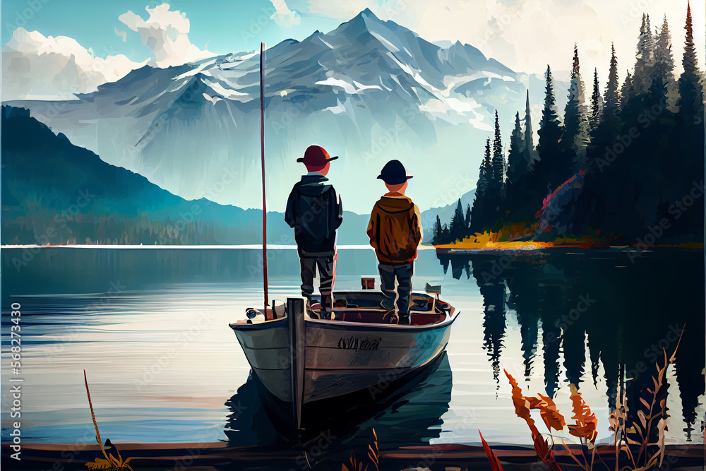 Two boys fishing with boat on the lake with beautiful mountain. Digital art style. Generative AI illustration