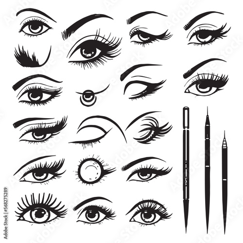 Eye liner vector. Beautiful Woman eyes makeup vector. Set of different vector eyeliner shapes.