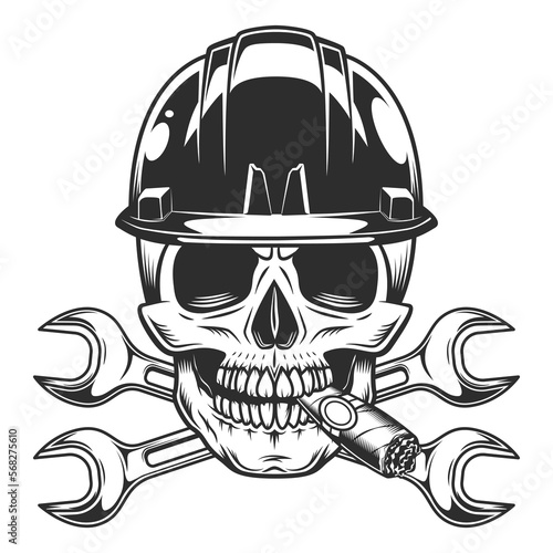 Vintage skull smoking cigar or cigarette smoke in hard hat helmet with body shop service car and truck mechanic repair tool crossed wrench or construction for gas and builder plumbing pipe spanner