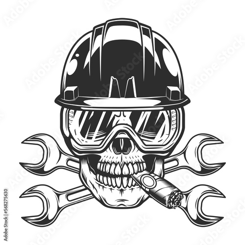 Vintage skull smoking cigar or cigarette smoke in hard hat and glasses with body shop service car and truck mechanic repair tool crossed wrench or construction for gas and builder plumbing spanner