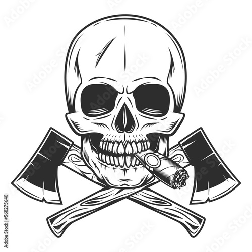 Skull smoking cigar or cigarette smoke and crossed metal ax with handle made of wood. Wooden axe construction builder tool. Element for business woodworking or lumberjack emblem or icon.