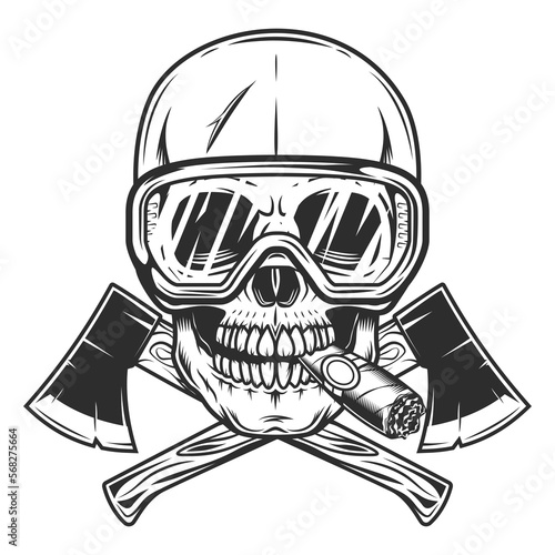 Skull smoking cigar or cigarette smoke in safety glasses and crossed metal ax with handle made of wood. Element for business woodworking or lumberjack emblem or icon. Wooden axe construction builder