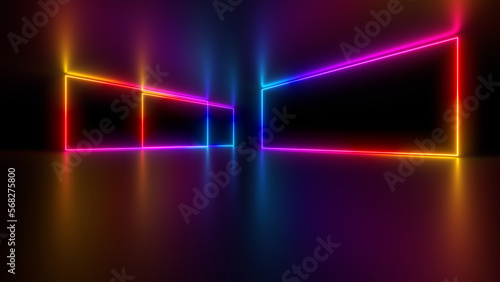 Sci Fy neon glowing wave lines in a dark hall. Reflections on the floor and ceiling. 3d rendering image. Abstract glowing lines. Techology futuristic background.