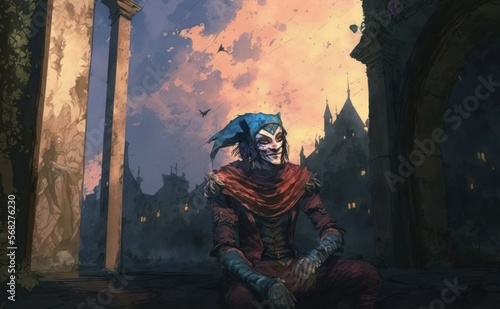 Clown, medieval city, in a painted watercolor style, Cesin City humans #18