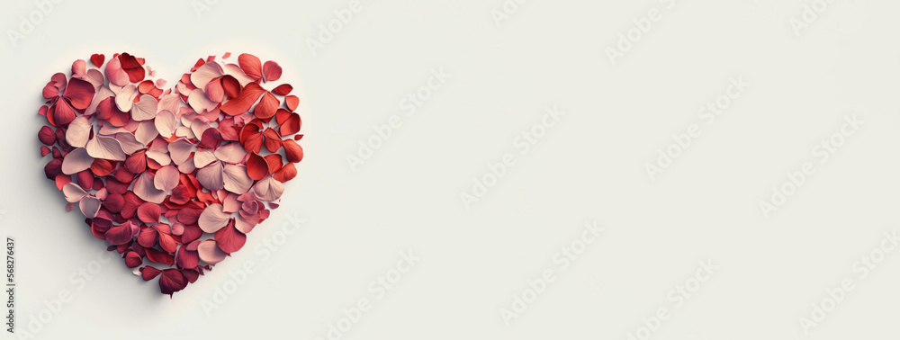 Flower petals in the shape of a heart on a white background created with generative AI Flower petals in the shape of a heart on a white background created with generative AI