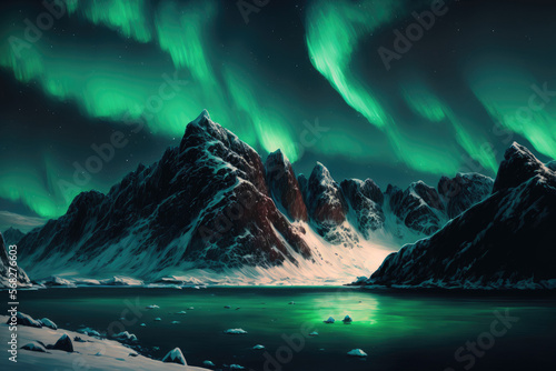 Hauklandbeach, Lofoten, Norway March 7, 2019 A massive aurora outbreak was visible over the fjord at Hauklandbeach, close to Leknes. lights dazzling over fjord mountains in white and green Vikbukta