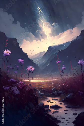 sunrise over the mountains With violet flowers- Created with Generative AI Technology
