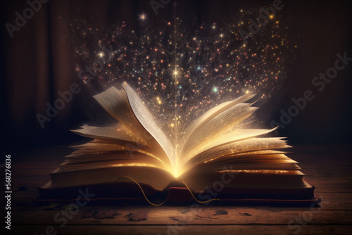 An enchanted image of an open vintage book atop a wooden table has sparkles. Generative AI