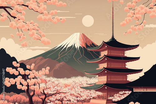 Japan, Tokyo, and Kyoto background concept with cherry blossom season. This image can be used for travel, Sakura, tour, Asia, Gion, and Yasaka concepts. Generative AI photo