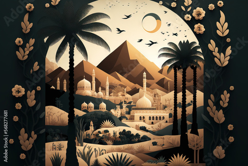 Minarets and the Kaaba are depicted in Islamic shapes for the Hajj, Eid al Adha, Isra'a, and Mi'raj. Generative AI photo