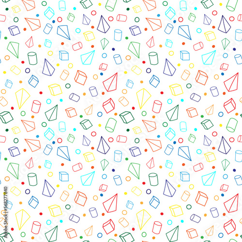 3D geometric shaped hand drawn seamless template. Mathematic geometry endless background. Math illustration.