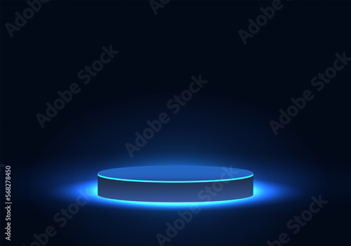 Technological product placement podium in blue tones And the light of the neon lights increases the attractiveness of the product to increase sales. Use as a poster for product exhibitions.