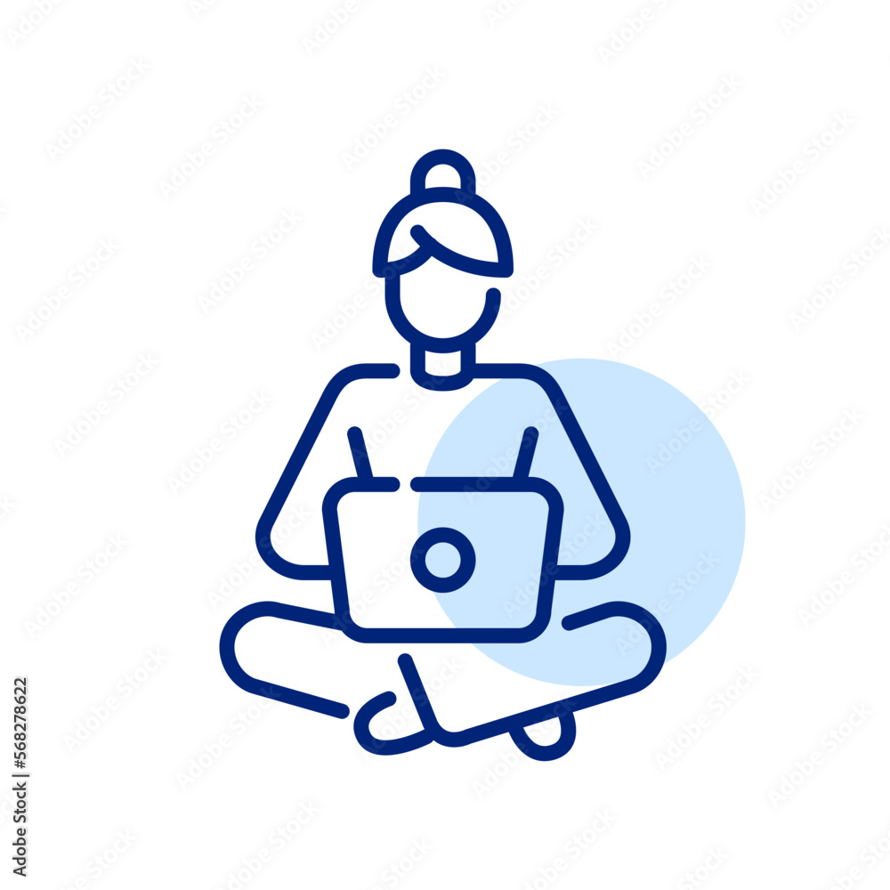 Cozy home office. Girl in pyjamas sitting with a laptop on her knees. Pixel perfect, editable stroke line icon