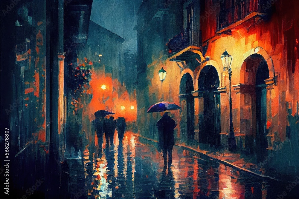 town in the evening, impressionism oil painting, AI Art - obrazy, fototapety, plakaty 