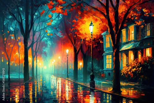 town in the evening  impressionism oil painting  AI Art