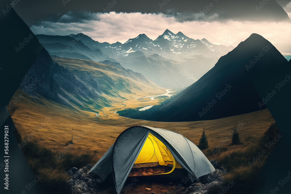 Mountainside camping for tourists. Ukraine, the Ukraine, and Europe. beauty industry. Generative AI