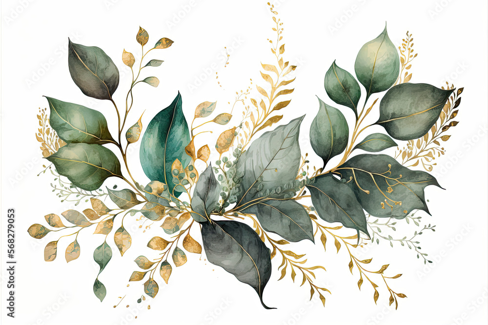 Watercolor floral illustration of green gold leaf branches collection ...