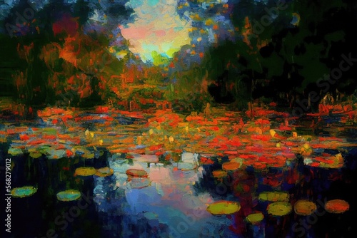 Lotus pond with impressionism oil painting, AI Art © Sokin
