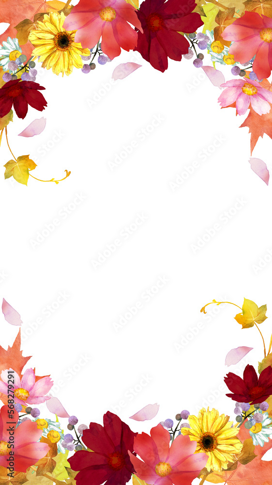 水彩で描いた秋の花と紅葉の縦型フレーム
