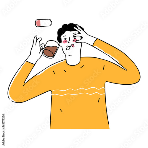Businessman replenishes energy by drinking coffee. Emotional exhaustion. young man waking up to drink coffee in the morning. Hand drawing vector illustration doodle, Thin line style