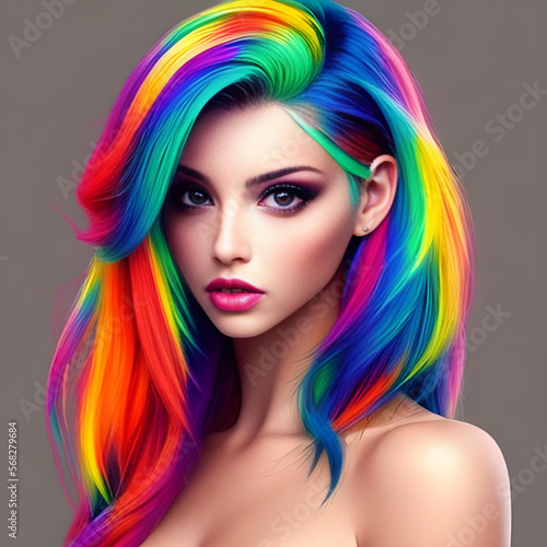 Una hermosa mujer, de cabello color arcoíris, generada por inteligencia artificial photo