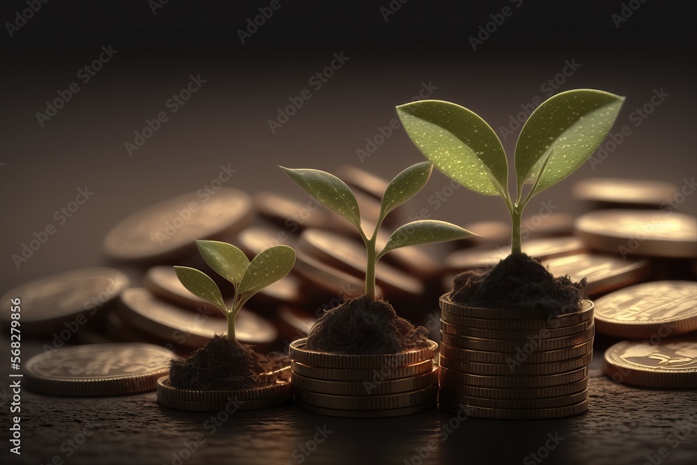 Bring your financial concepts to life with this inspiring photo of a sprout and coins. Capital growth. AI generation. - obrazy, fototapety, plakaty 
