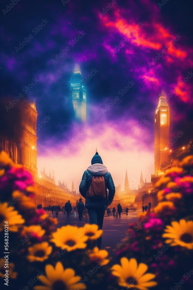 Obraz premium Man walking on a street with flowers, Generative AI