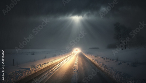Winter Snow Storm Car Traveling with Headlights On ~ Created using Generative AI