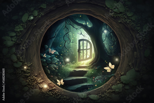 In a pine tree hollow  a wonderful elf or gnome dwelling with a shining window and flying fairytale magic butterflies leaving a path with brilliant sparkles can be found. Generative AI