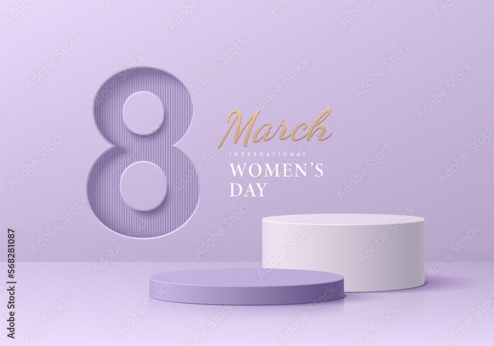 White and purple stand product podium set 3D background with text 8 march international women day. Minimal wall scene mockup product stage showcase, Promotion display. Abstract vector geometric forms