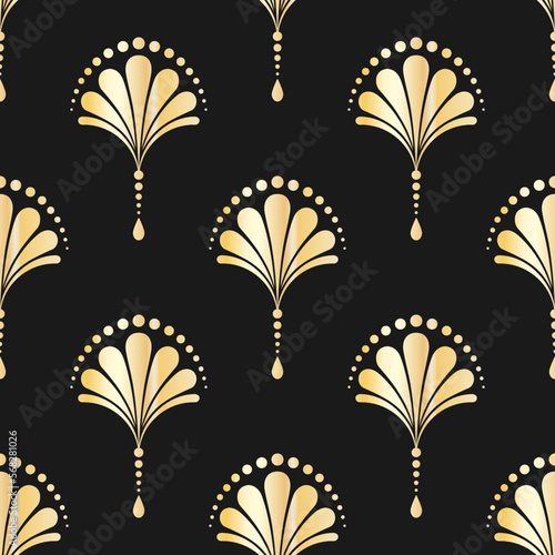 Classic geometric art deco gold ornament on black background. Vector seamless pattern. Best for textile, home decor, wallpapers, wrapping paper, package and web design.