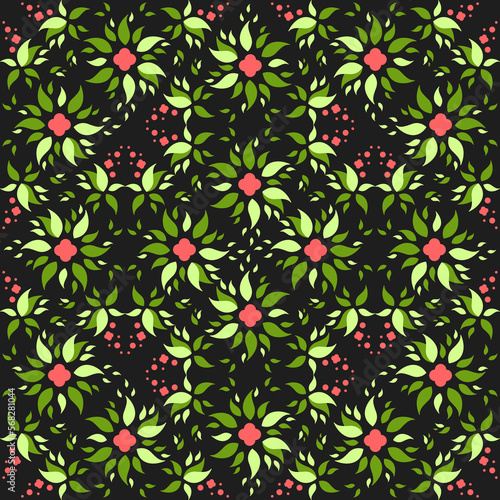 Red flowers and green leaves on black background. Floral seamless pattern. Best for textile  wallpapers  wrapping paper  package and home decoration.