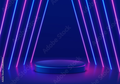 Blue stand product podium 3D background with tunnel glowing neon lighting lines scene. Futuristic minimal wall scene mockup product stage showcase, Promotion display. Abstract vector geometric forms.