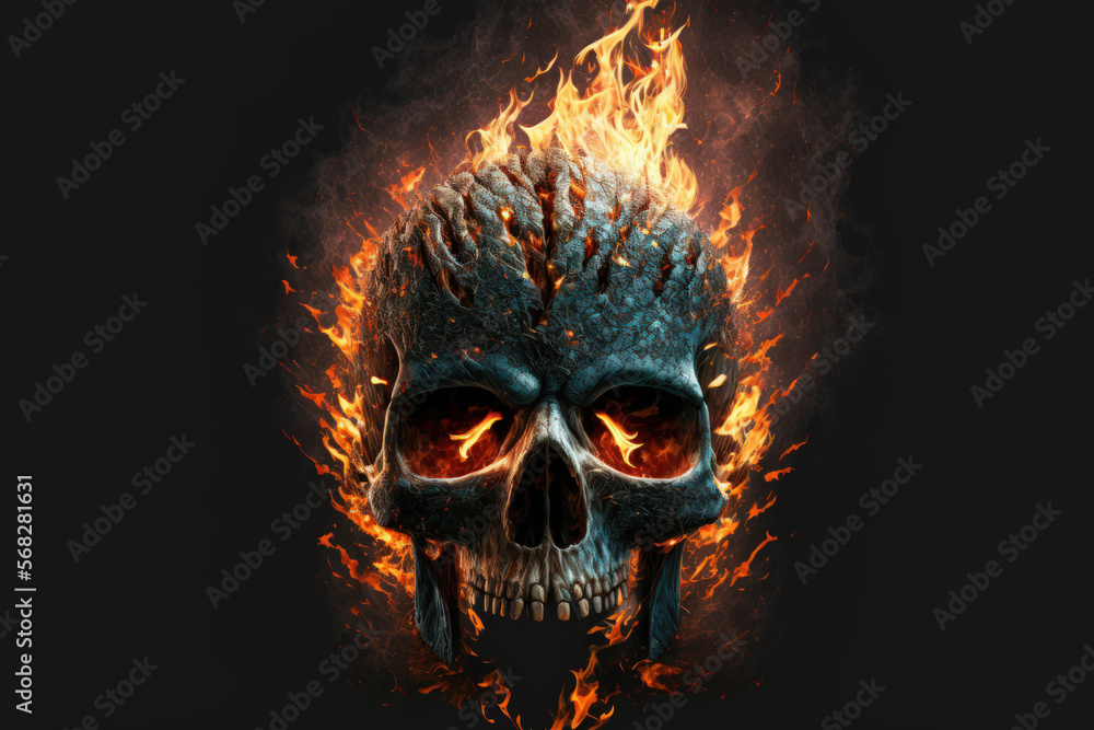 Halloween night was black, and a skull burnt in a fire. The Halloween idea. Generative AI