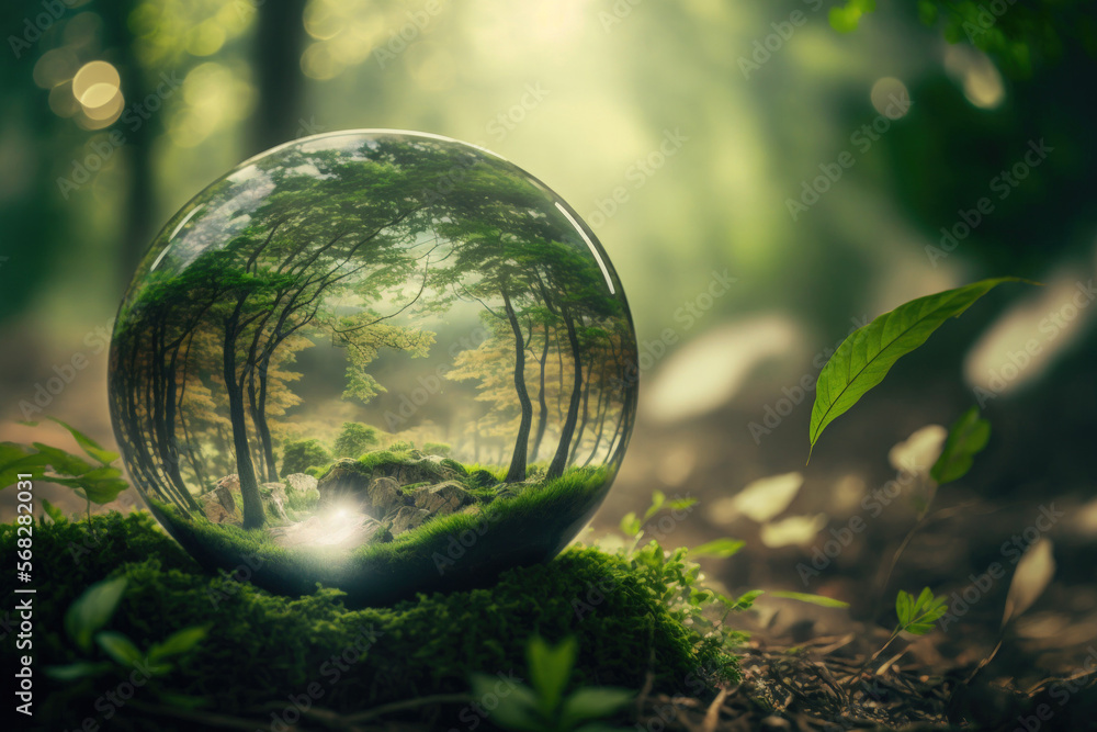 Globe Glass in a Green Forest with Sunlight An Environmental Concept. Generative AI Globe Glass in a Green Forest with Sunlight An Environmental Concept. Generative AI