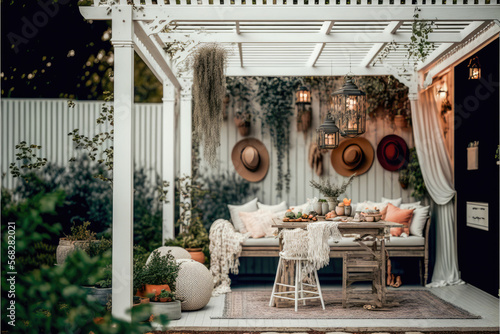 Fotografie, Tablou a boho and cozy backyard entertaining area under a white wooden pergola with tou