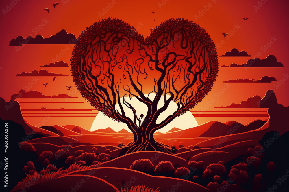 Red landscape with a heart tree in it at sunset. Generative AI