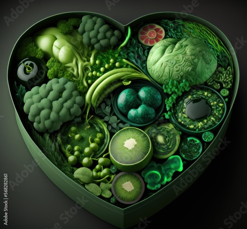 Abstract Illustration of Vegan Raw Food Bowl in the shape of an Heart. Vegetable Ingredients for Cooking an Healthy Vegetarian Homemade Green Salad full of Freshness - ai generative artwork